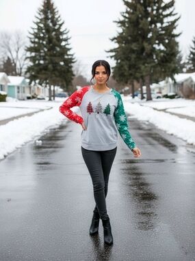 Women's Holiday Tree Long Sleeve Tee- Red/Green/Gray